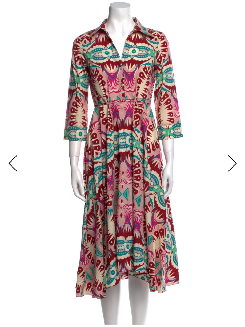 Le Sireneuse Positano Printed Collared Midi Dress in Pink & Teal XS